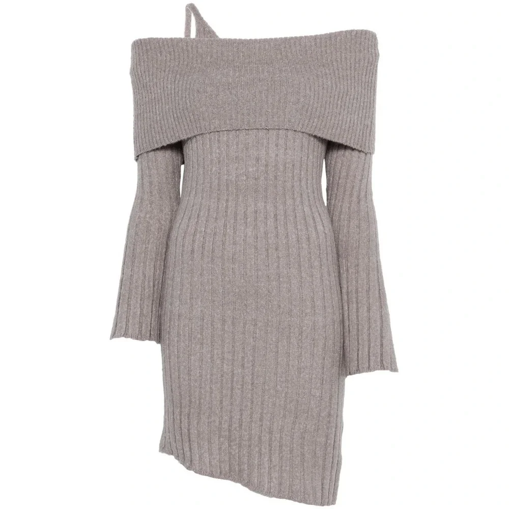 House of Sunny Chunky Rib Dress School Grey Off Shoulder Asymmetrical Sweater 10